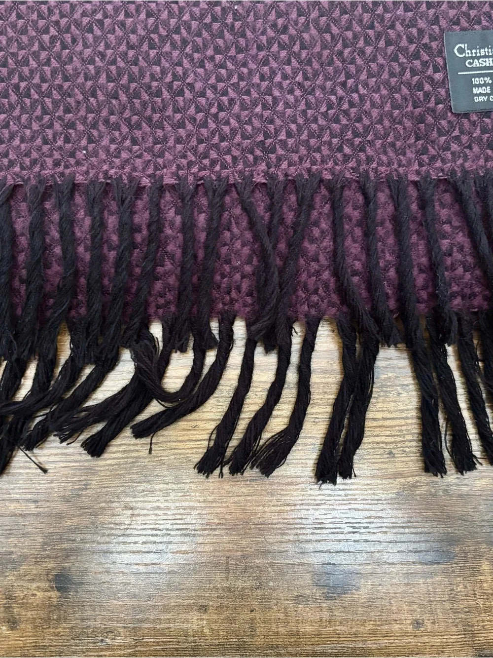Christian Dior Cashluxe Purple/Black Patterned Textured Fringe Scarf, 13” x 68”